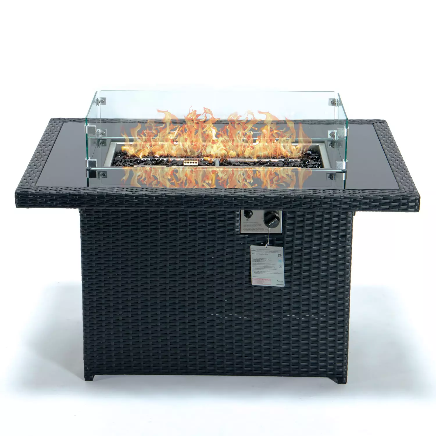 LeisureMod Mace Wicker Patio Modern 44" 55,000 BTU Propane Fire Pit Table With Glass Shield With Crystal Stones & Lid in Black